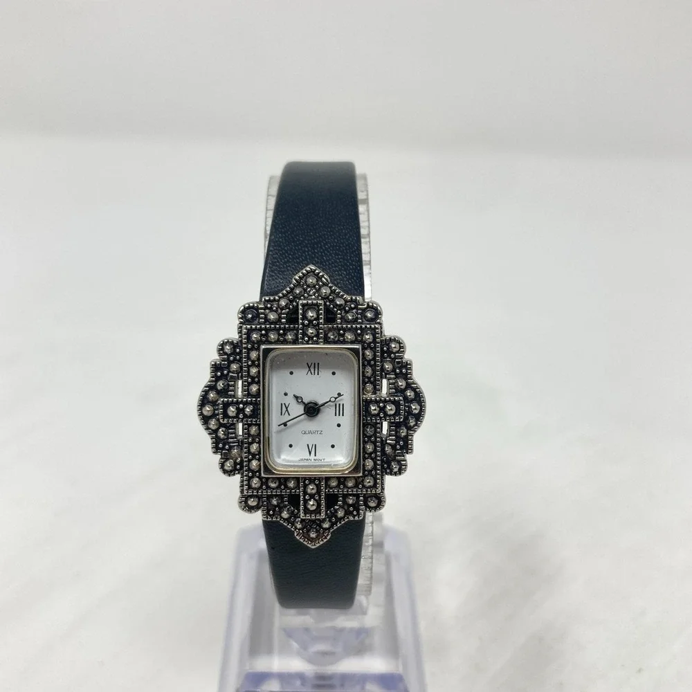 Vintage Avon Marcasite Tank Watch Women Silver Tone Black Leather New Battery 8